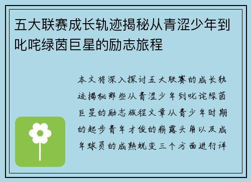 五大联赛成长轨迹揭秘从青涩少年到叱咤绿茵巨星的励志旅程